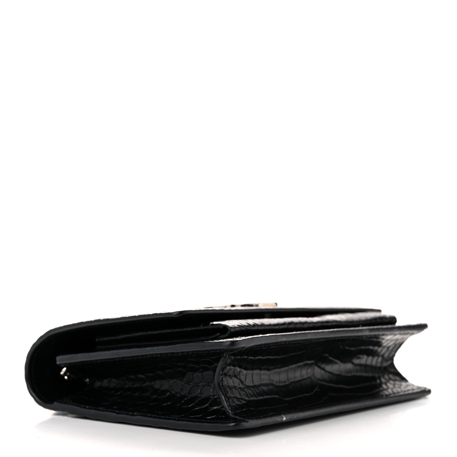 Saint Laurent Calfskin Crocodile Embossed Monogram Sunset Top Handle Chain Wallet Black 4 of 10