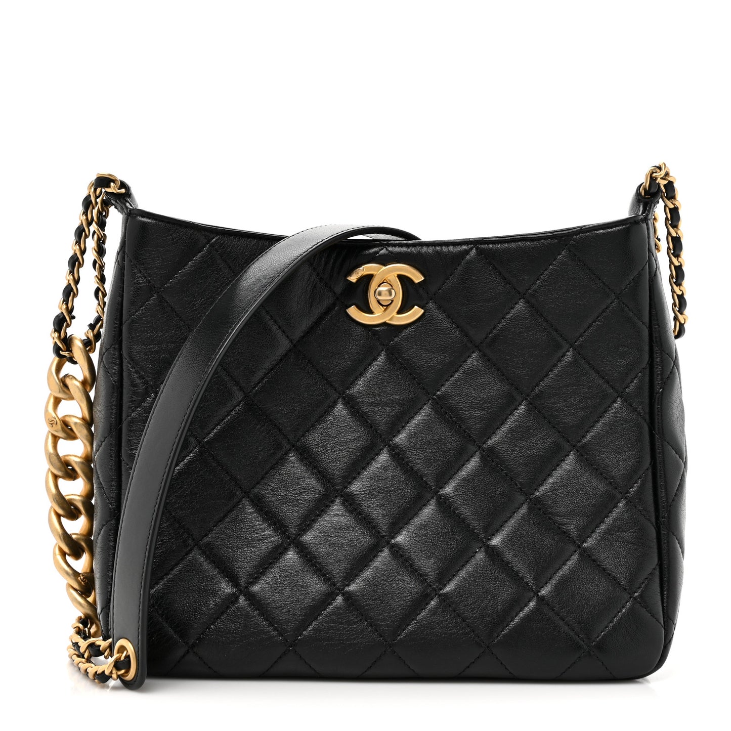 Shiny Lambskin Quilted CC Hobo Black