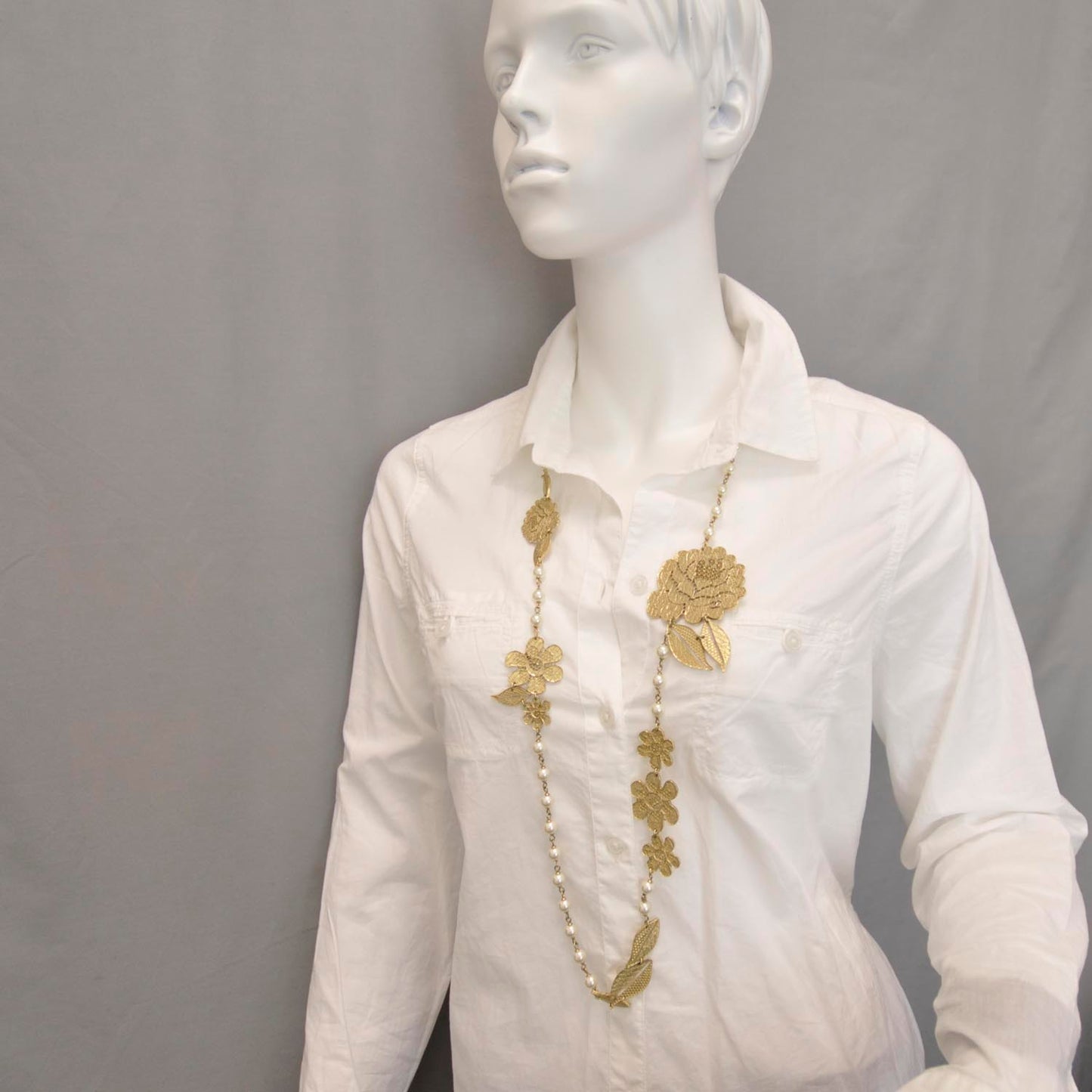 Gold Camellia Long Pearl Necklace