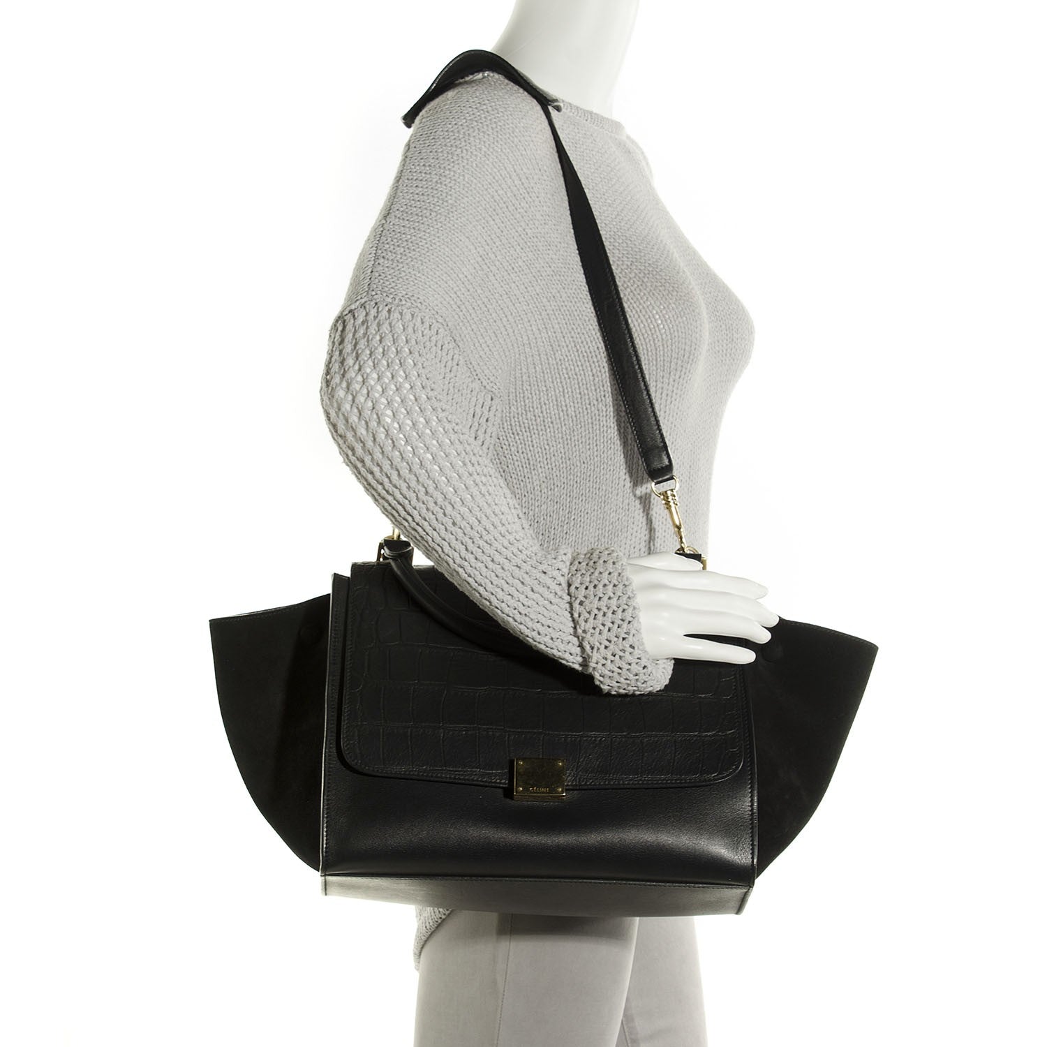 Celine Crocodile Embossed Medium Trapeze Black 2 of 9