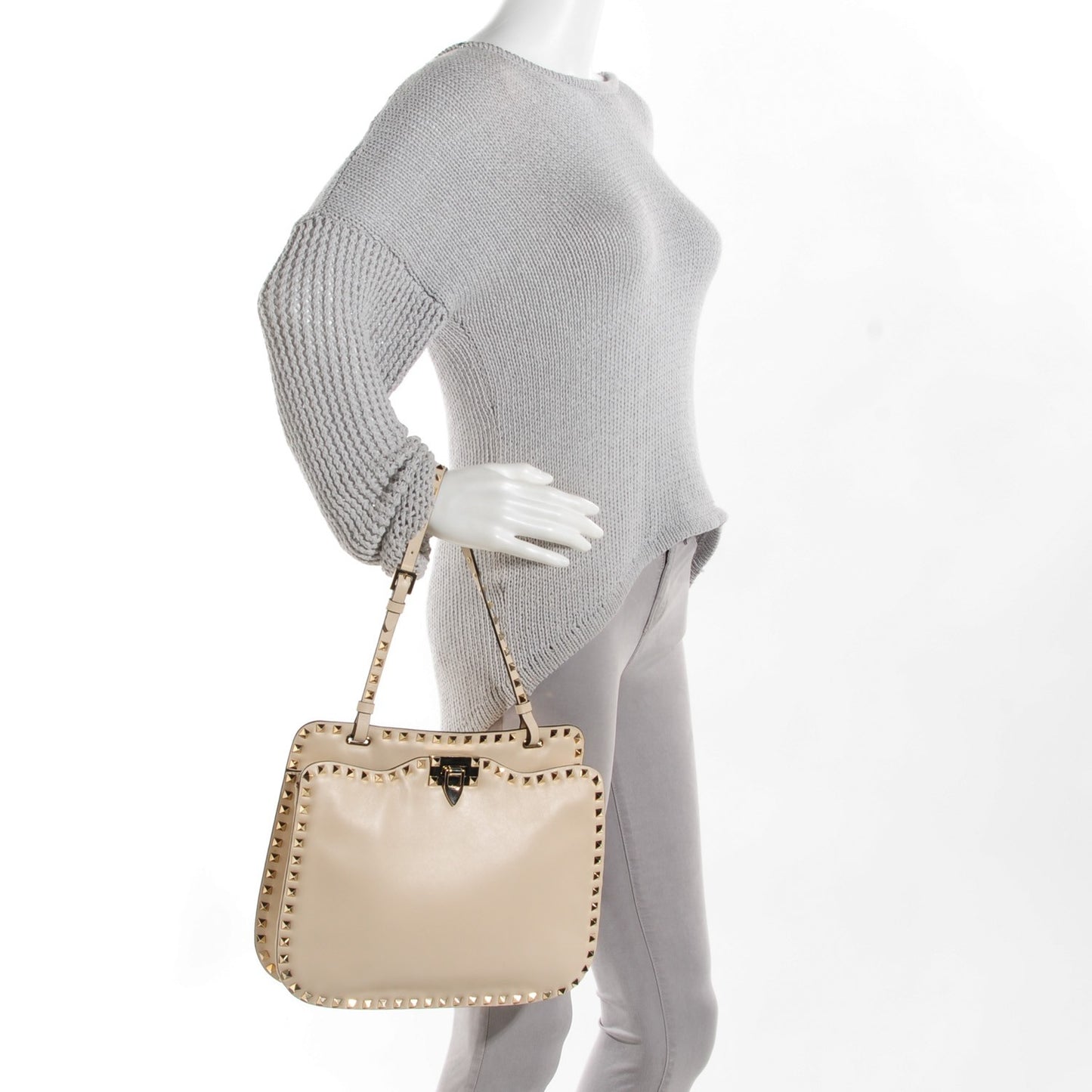 Vitello Rockstud Shoulder Satchel Ivory