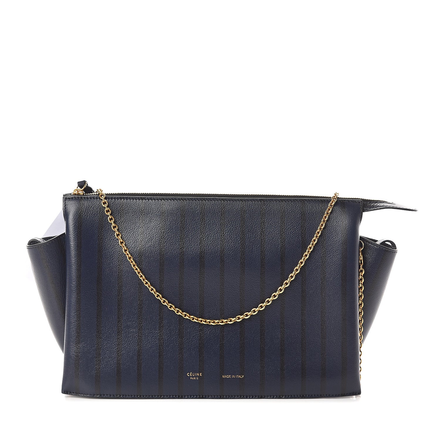 Grained Calfskin Striped Tri-Fold Clutch Midnight