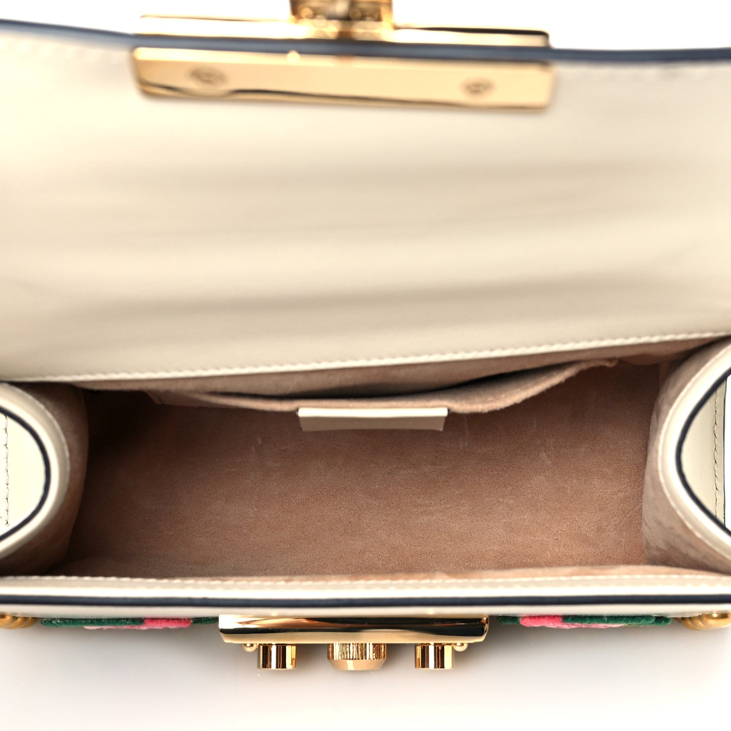 Calfskin Floral Embroidered Small Padlock Shoulder Bag White