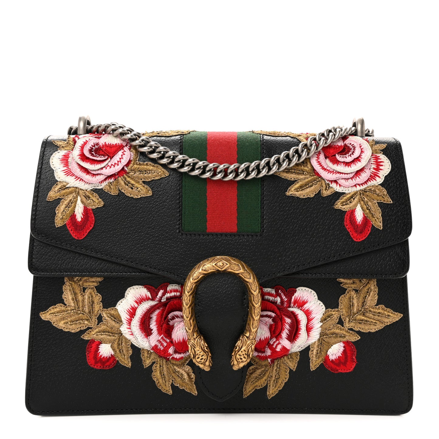 Calfskin Web Floral Embroidered Medium Dionysus Shoulder Bag Black