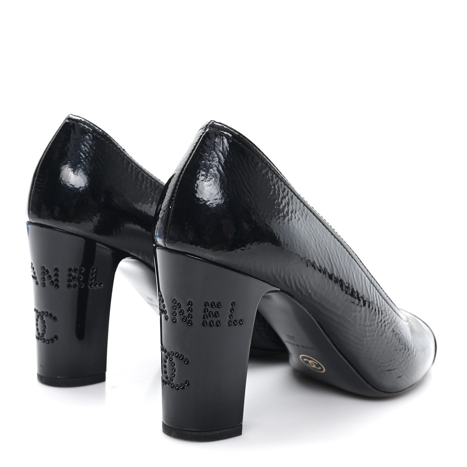 Chanel Crumpled Goatskin Patent Calfskin Crystal Cap Toe Logo Pumps 39 Black 5 of 10