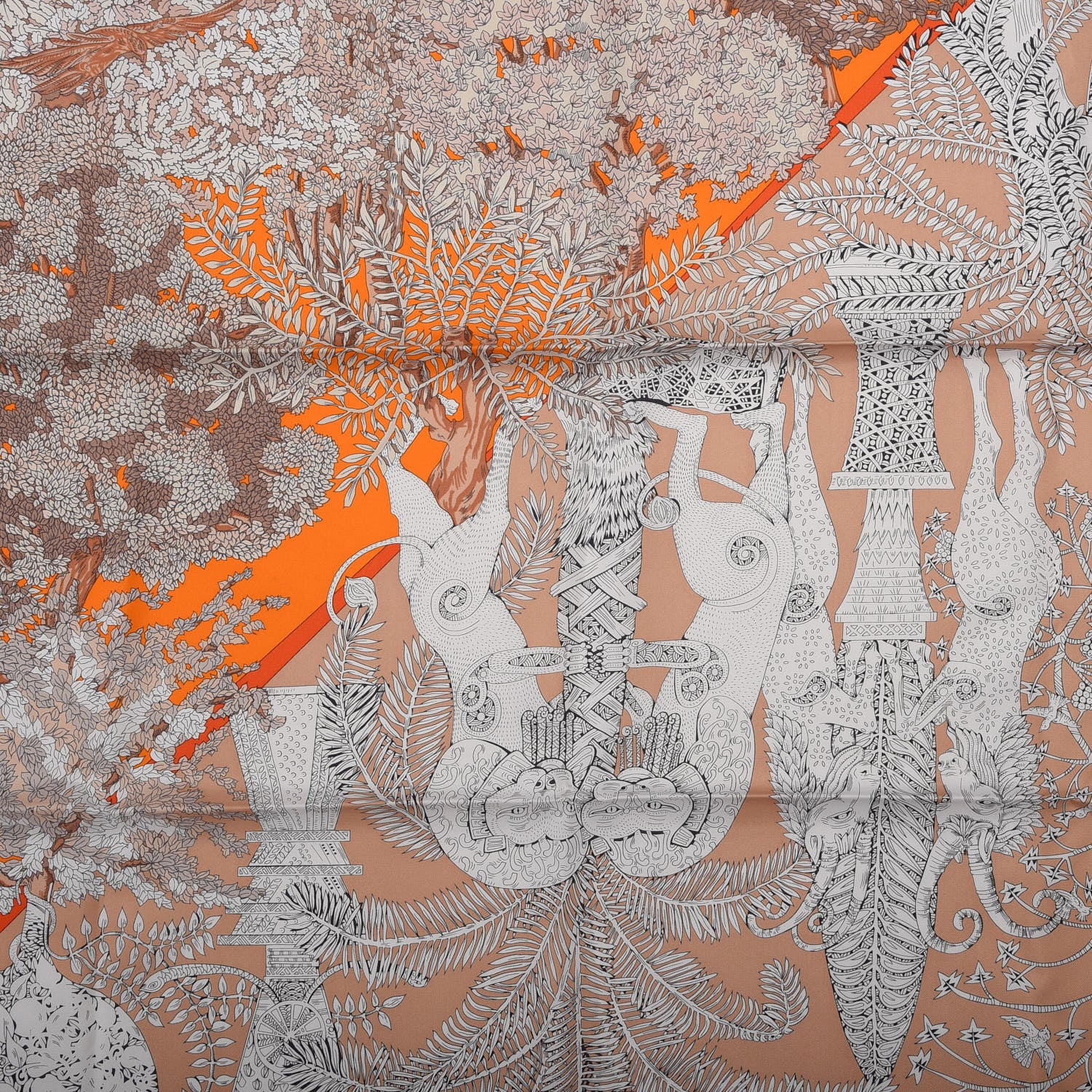Hermes Silk Les Legendes de L'Arbre Scarf 90 Beige Rose Orange Brun 4 of 5