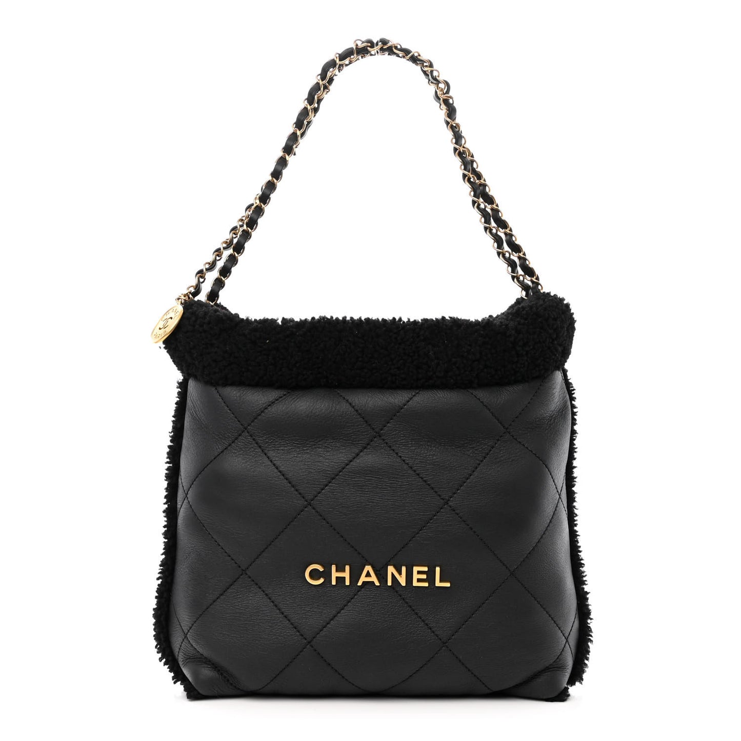 Aged Lambskin Shearling Quilted Small Chanel 22 Black