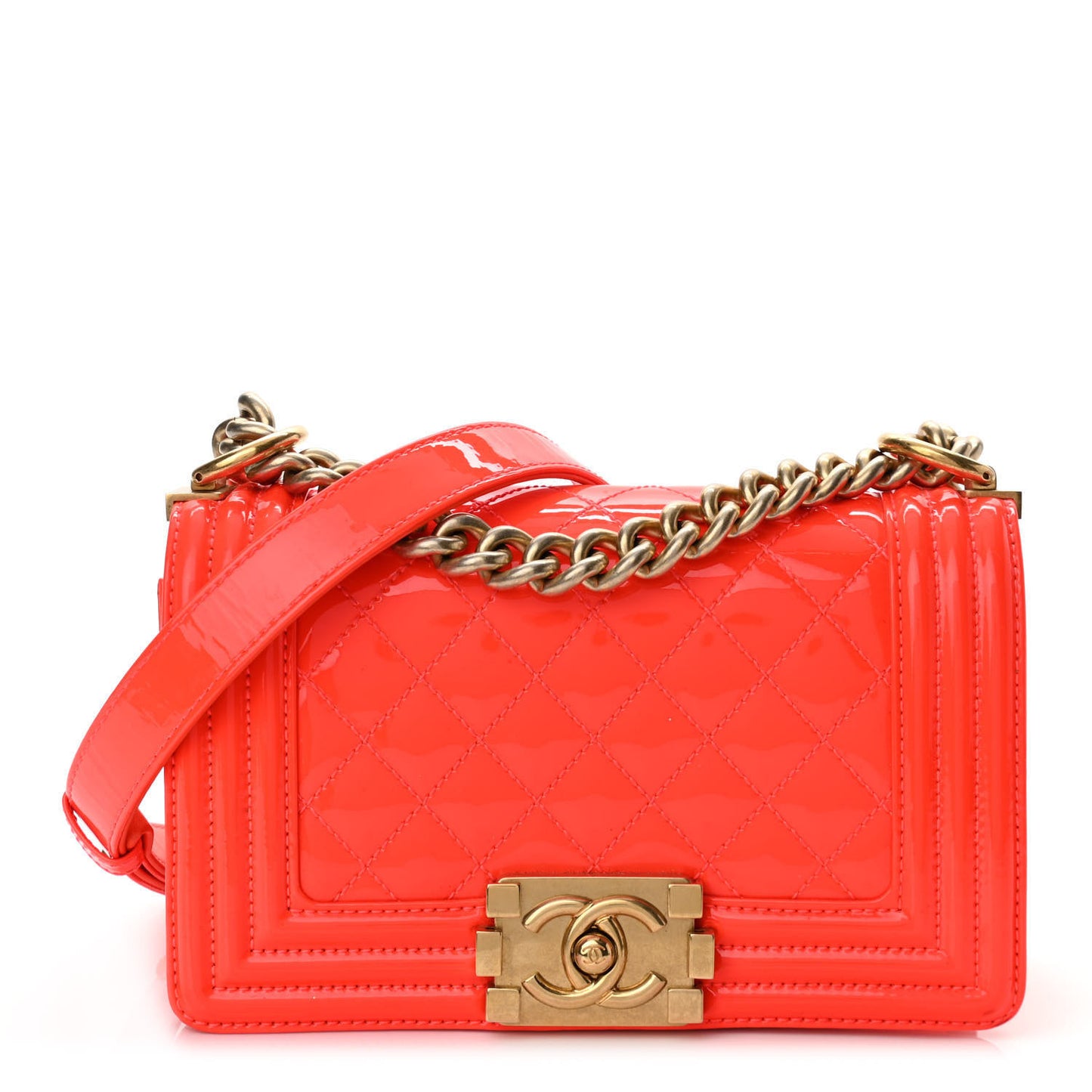Patent Calfskin Quilted Small Boy Flap Orange
