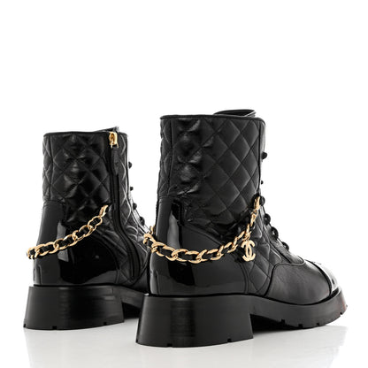 Chanel Shiny Calfskin Patent Quilted Chain Lace Up Combat Boots 40 Black 4 of 9