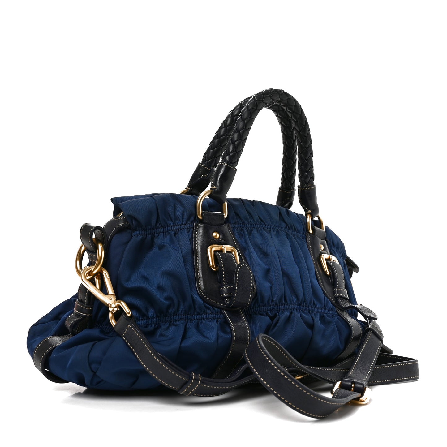 Tessuto Nylon Nappa Braided Gaufre Shoulder Bag Bluette