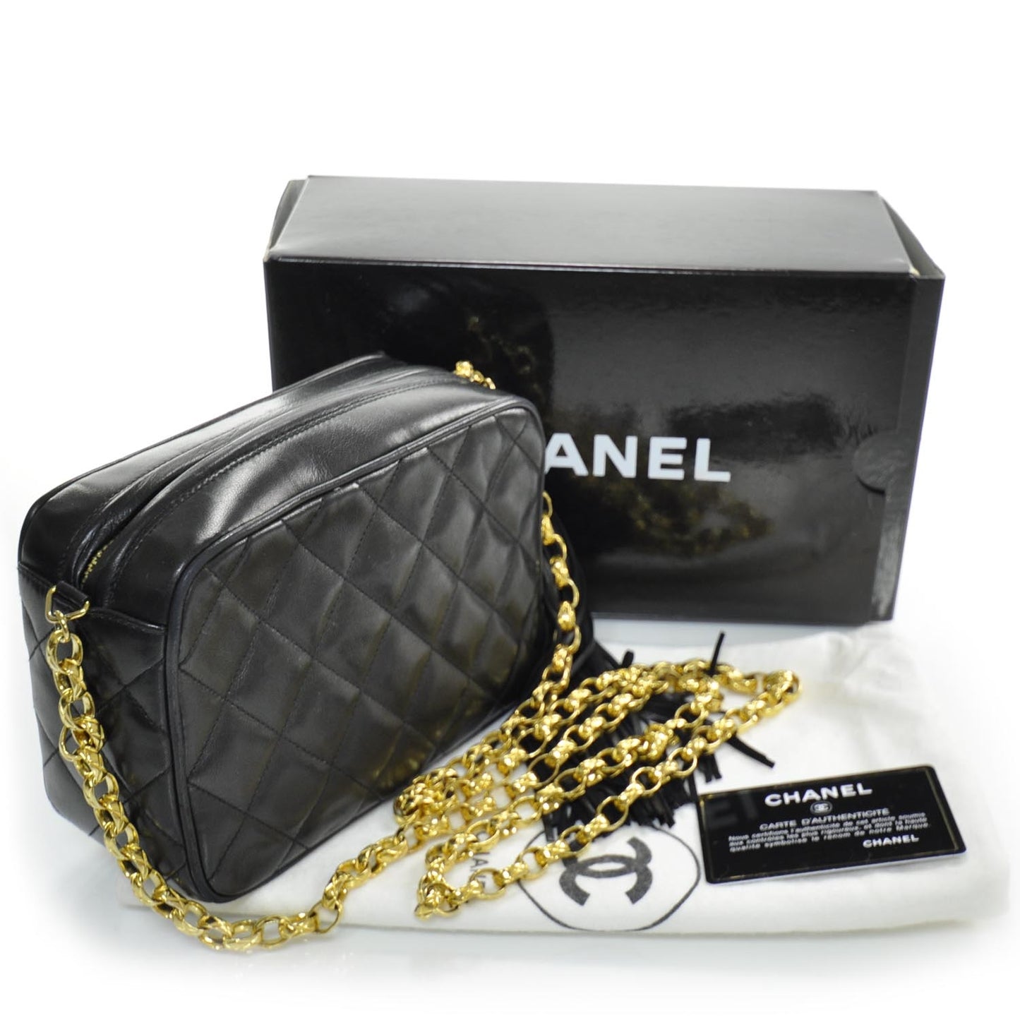 Quilted Lambskin Small Tassel Camera Case Black