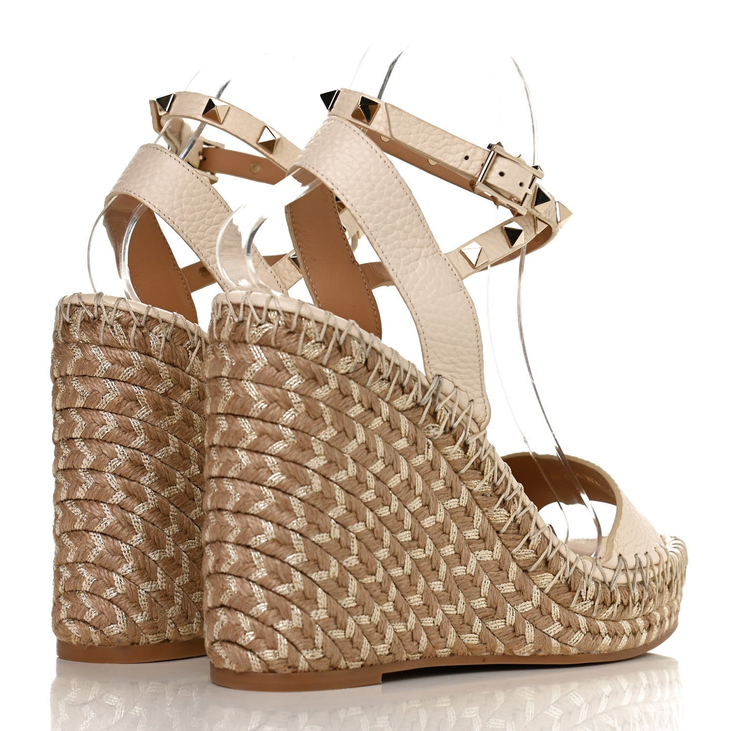 Grained Calfskin Rockstud Ankle Strap Espadrille Wedge Sandals 38 Light Ivory Natural
