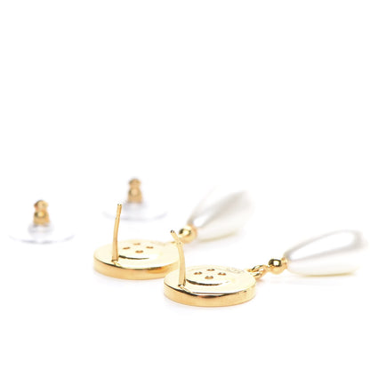 Chanel Metal Pearl Paris Button Drop Earrings Gold 3 of 6