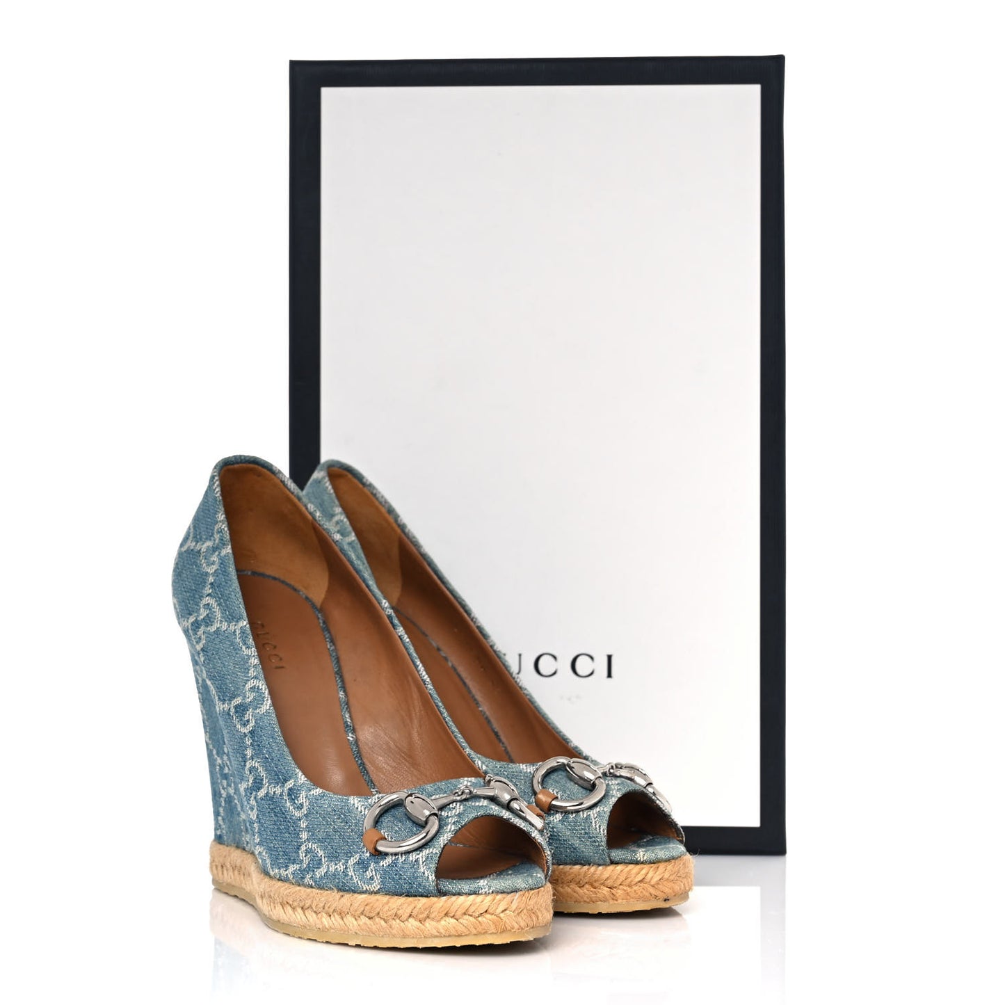 Denim Monogram Horsebit Open Toe Espadrille Wedges 35 Blue