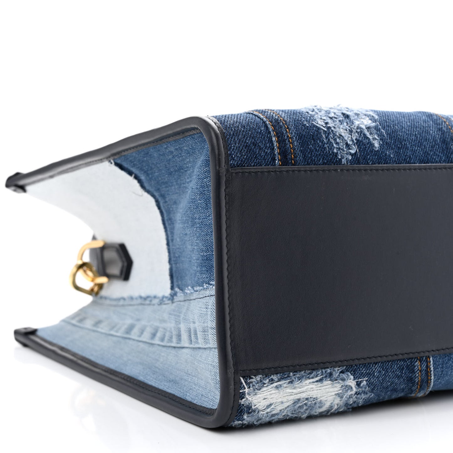 Calfskin Denim Patchwork Logo Shopper Tote Blue