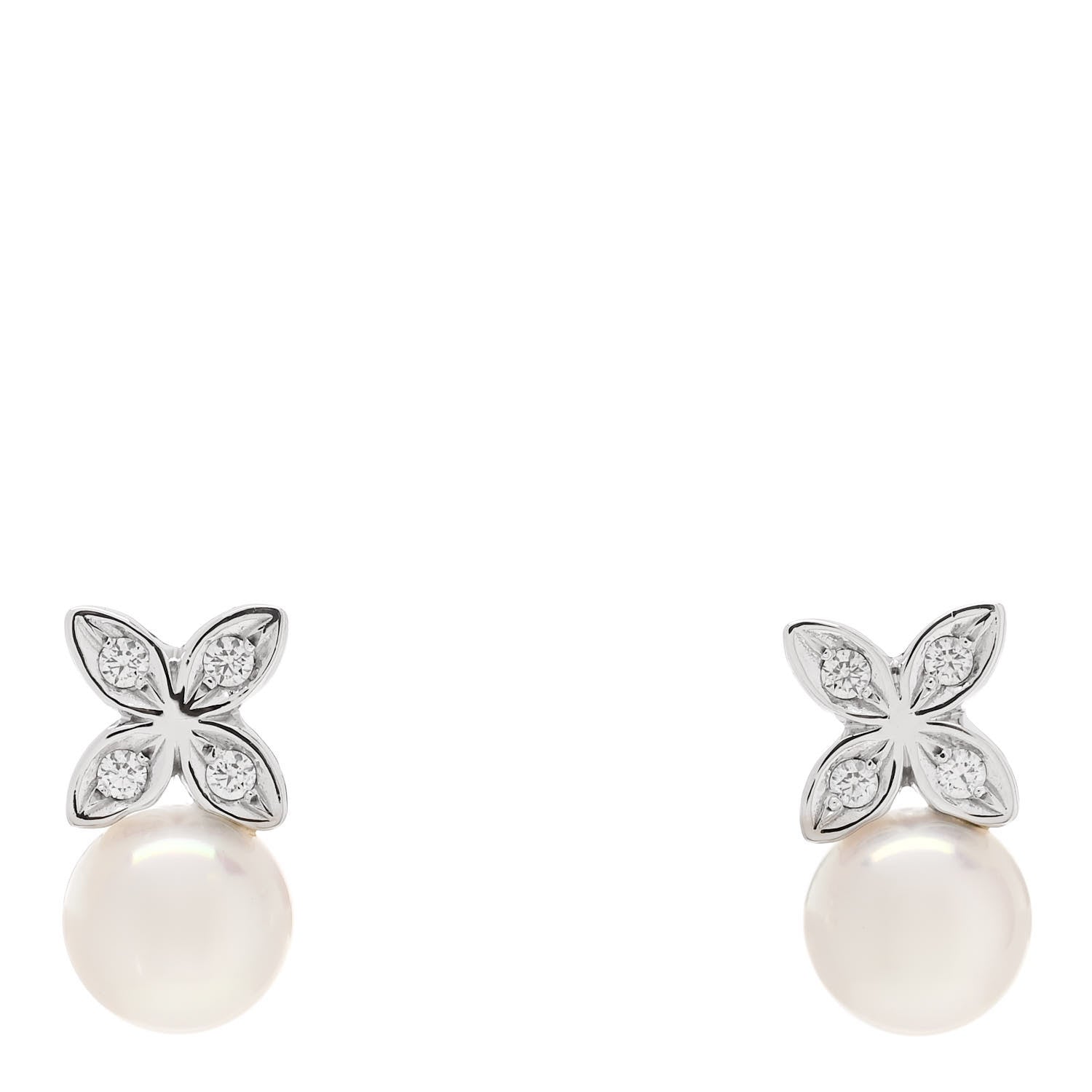 Mikimoto 18K White Gold Diamond Pearl 5.5mm Floral Stud Earrings 1 of 4