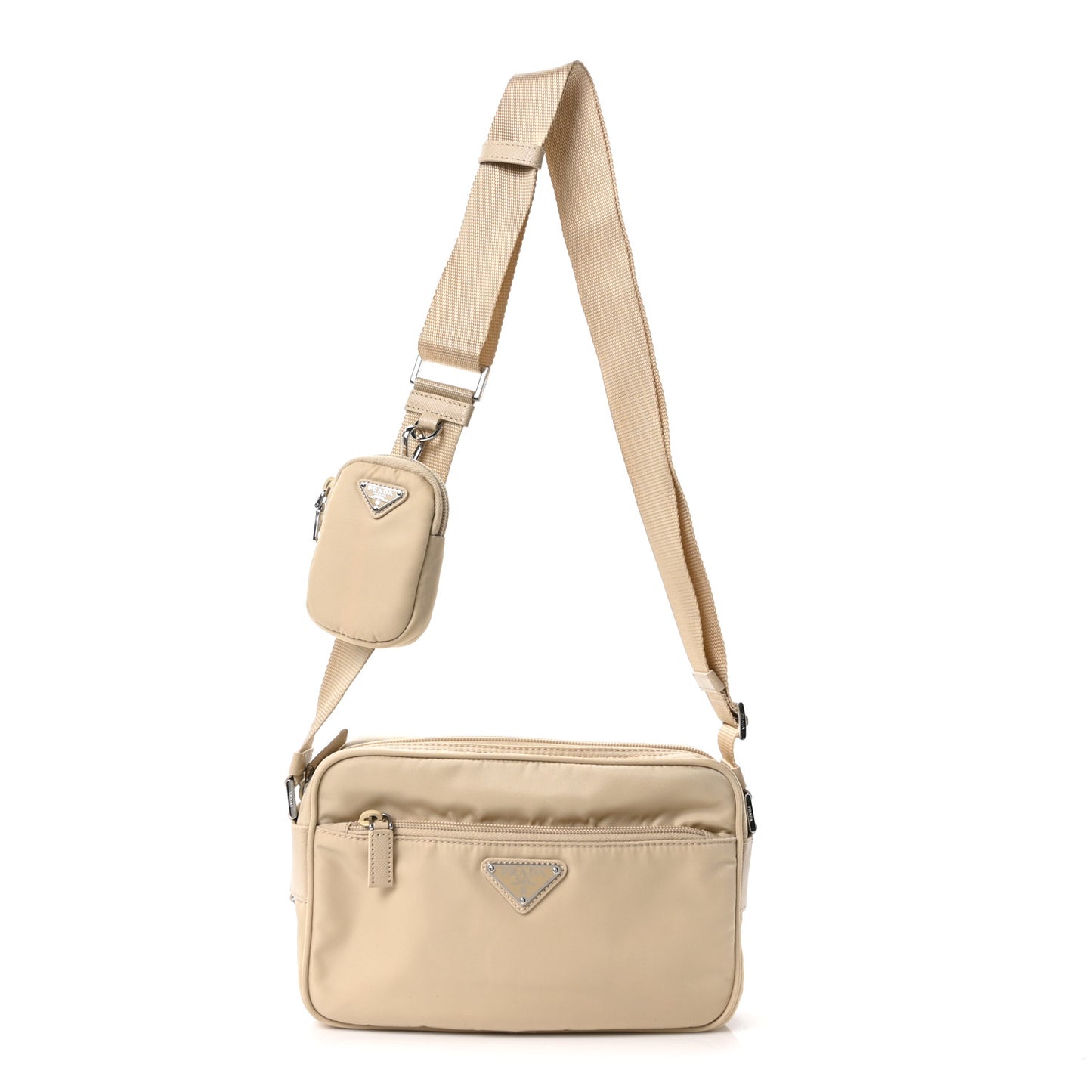 Re-Nylon Vela Saffiano Double Zip Shoulder Bag Beige