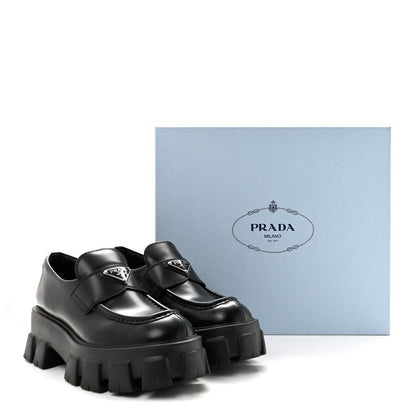 Prada Spazzolato Rois Metal Triangle Logo Monolith 55mm Loafers 39 Black 10 of 10