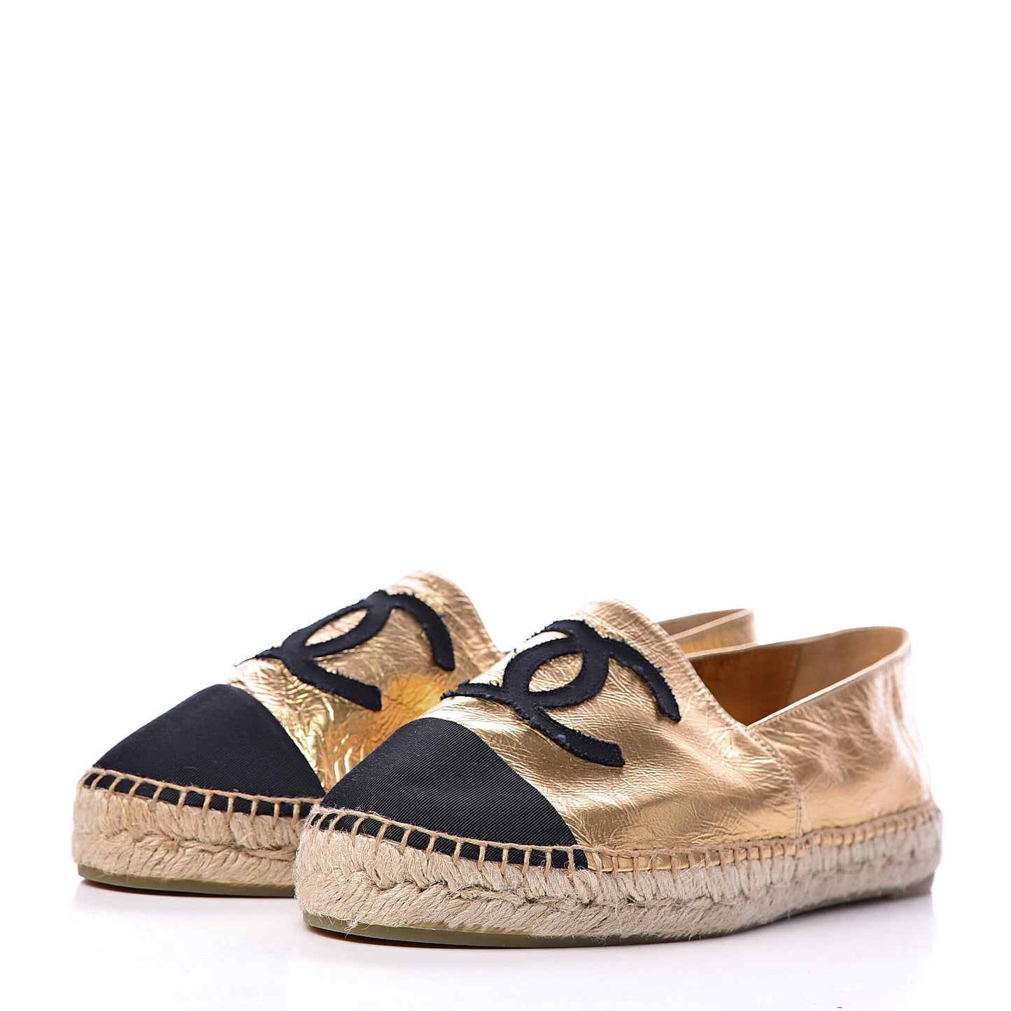 Laminated Lambskin Grosgrain CC Espadrilles 40 Gold Black