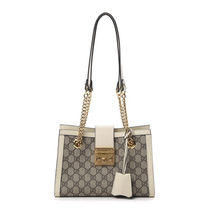 Gucci GG Supreme Monogram Moon Calfskin Small Padlock Tote Beige Ebony Mystic White 1 of 12