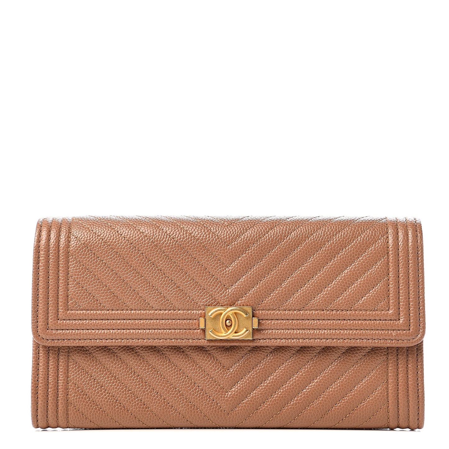 Caviar Chevron Quilted Boy Flap Wallet Dark Beige