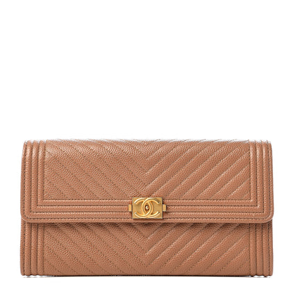 Chanel Caviar Chevron Quilted Boy Flap Wallet Dark Beige 1 of 6