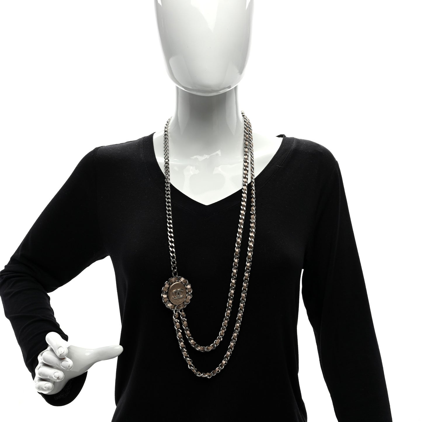 Metallic Lambskin CC Long Chain Necklace Gold Silver