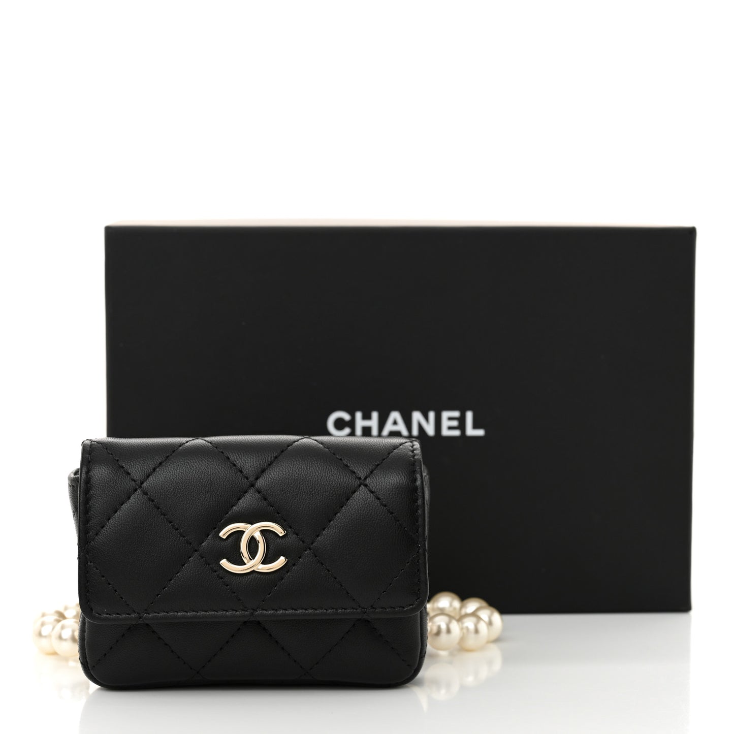 Lambskin Quilted Pearl Chain Belt Bag Black