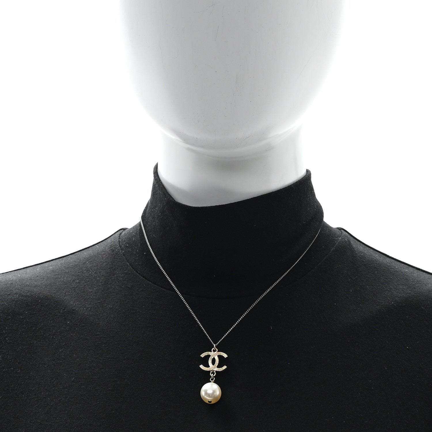Chanel Metal Textured CC Pearl Drop Necklace Gold 2 of 4