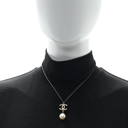 Chanel Metal Textured CC Pearl Drop Necklace Gold 2 of 4