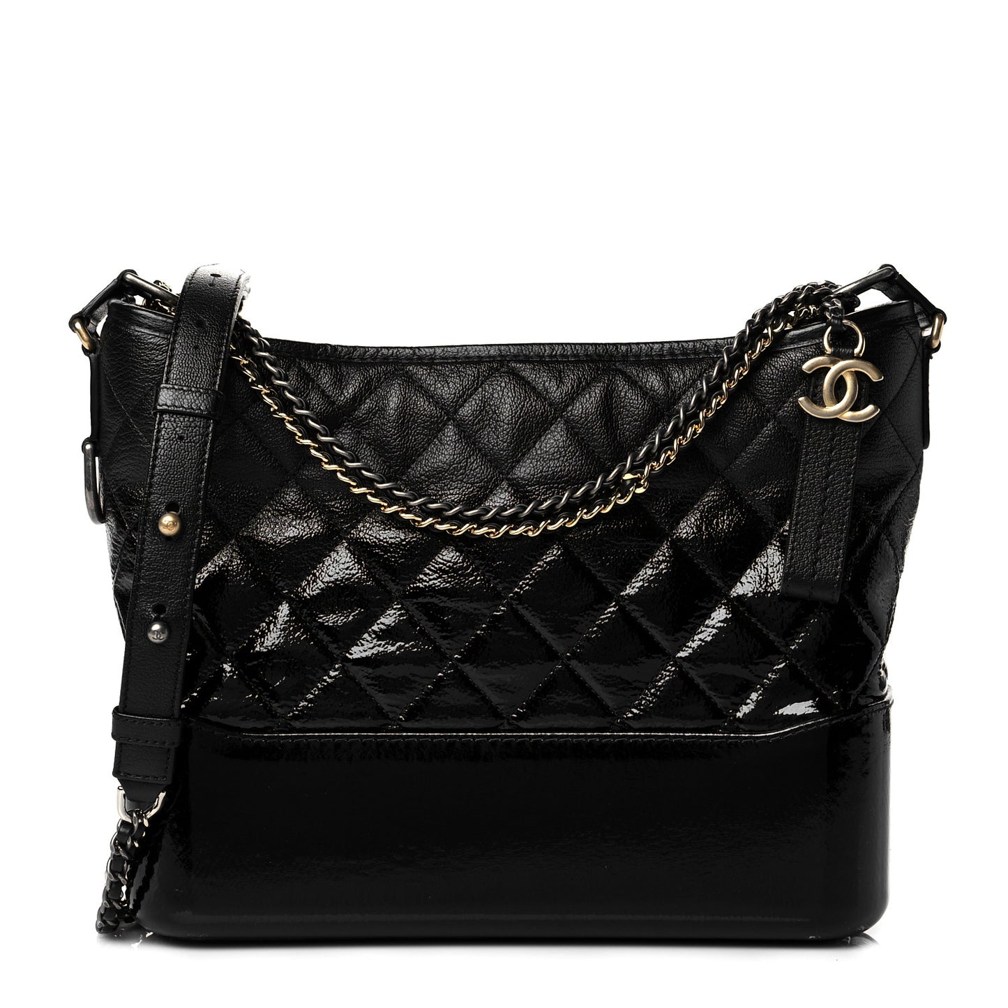 Patent Goatskin Quilted Medium Gabrielle Hobo Black