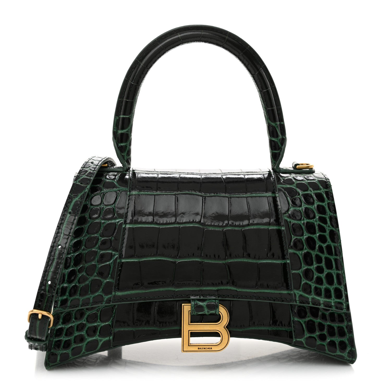 Balenciaga Shiny Calfskin Crocodile Embossed Small Hourglass Top Handle Bag Forest Green 1 of 12