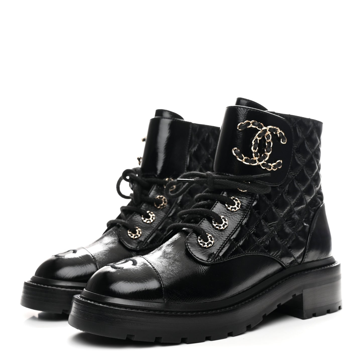 Shiny Calfskin Quilted Lace Up Combat Boots 36.5 Black