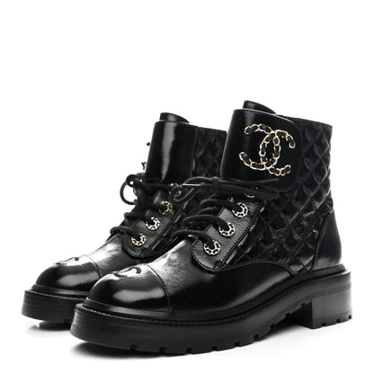 Chanel Shiny Calfskin Quilted Lace Up Combat Boots 36.5 Black 4 of 11