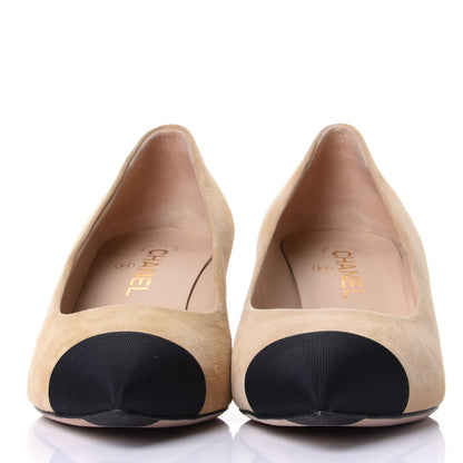 Chanel Kid Suede Grosgrain Cap Toe Pumps 39.5 Beige Black 2 of 11