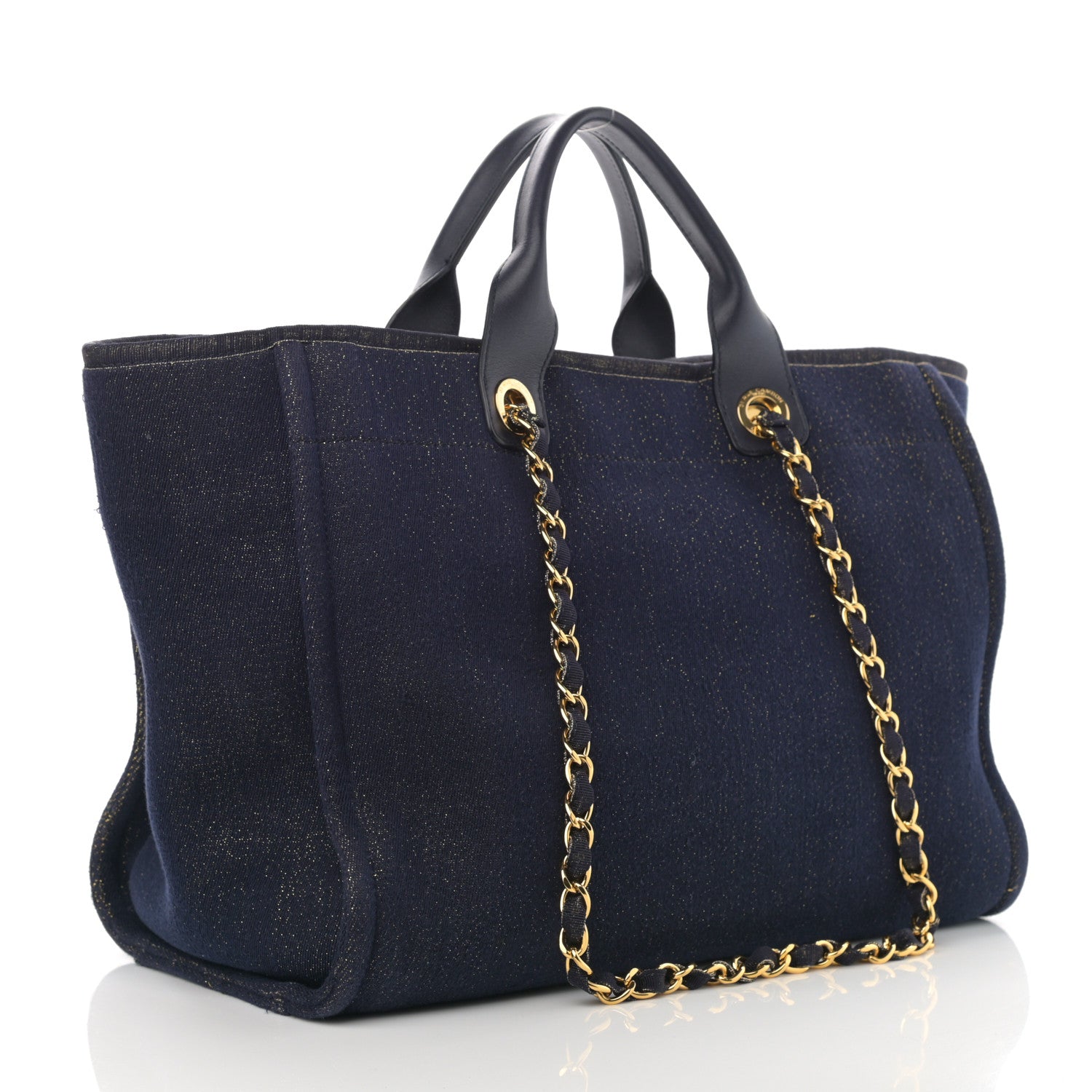 Chanel Lurex Canvas Medium Deauville Tote Navy Blue Gold 3 of 14
