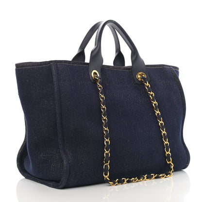 Chanel Lurex Canvas Medium Deauville Tote Navy Blue Gold 3 of 14