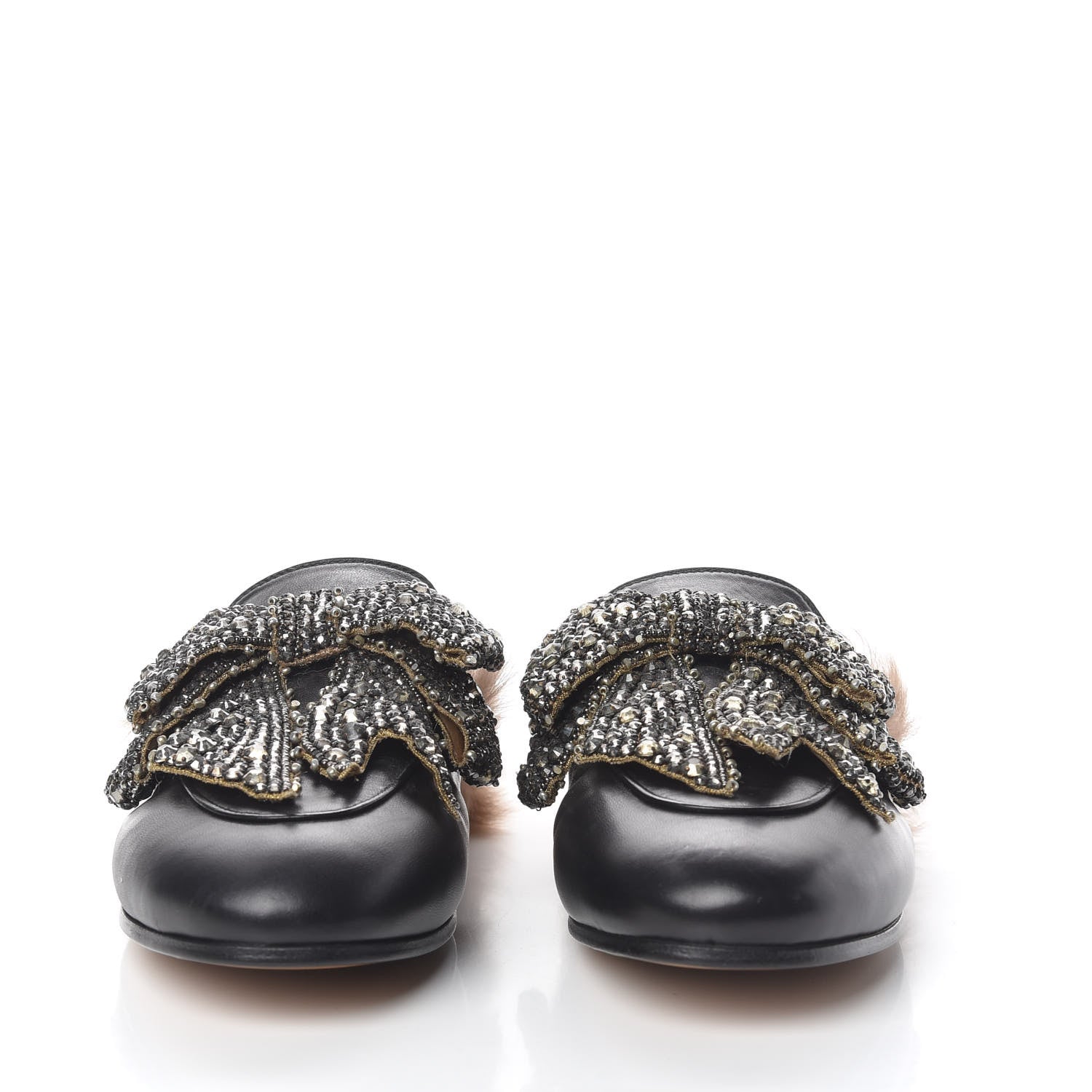 Gucci Malaga Kid Fur Crystal Bow Embroidered Womens Princetown Slippers 39.5 Black 3 of 10