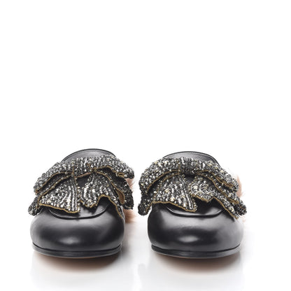 Gucci Malaga Kid Fur Crystal Bow Embroidered Womens Princetown Slippers 39.5 Black 3 of 10
