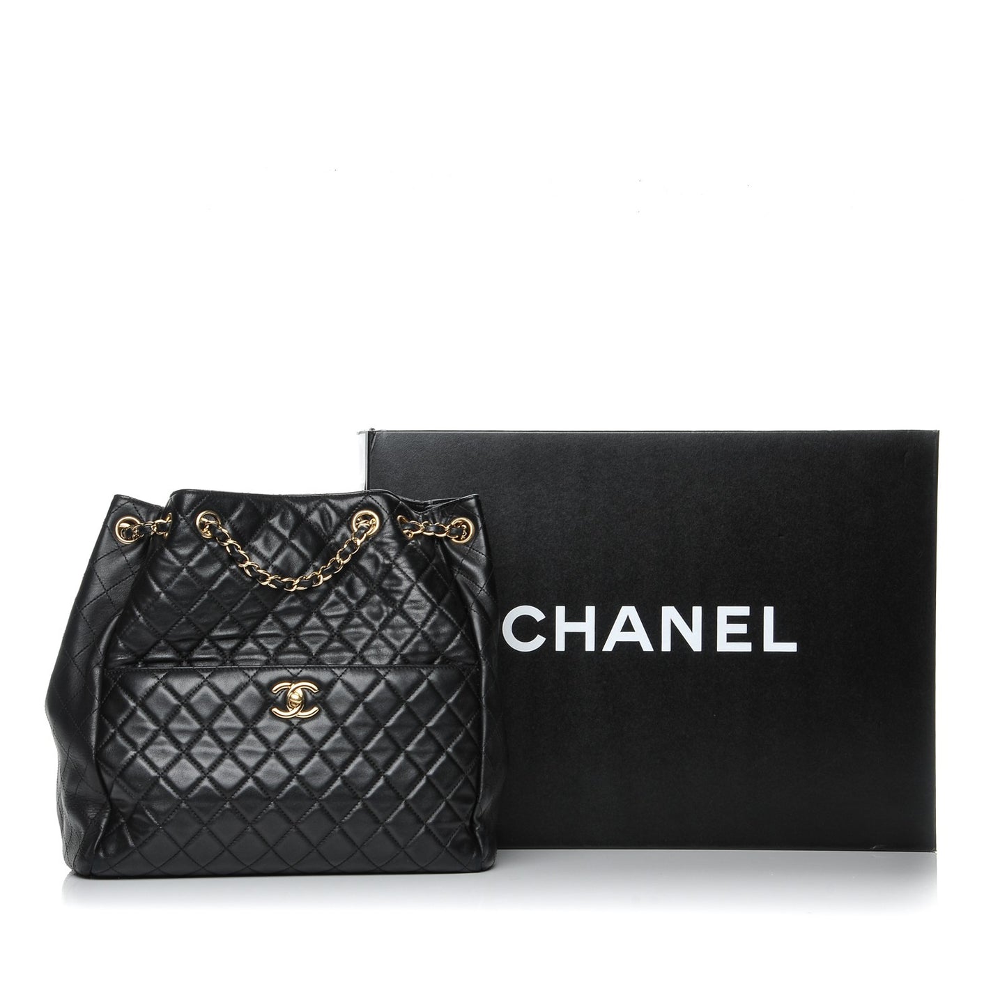 Lambskin Quilted Large Drawstring Bag Black