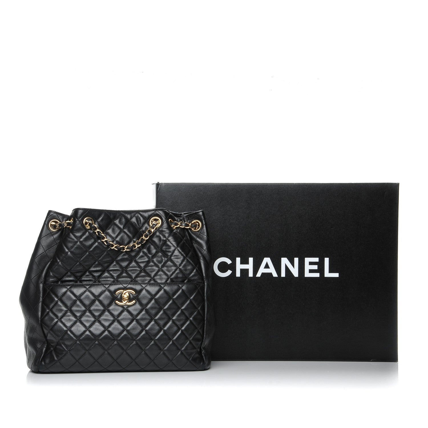 Chanel Lambskin Quilted Large Drawstring Bag Black 9 of 9