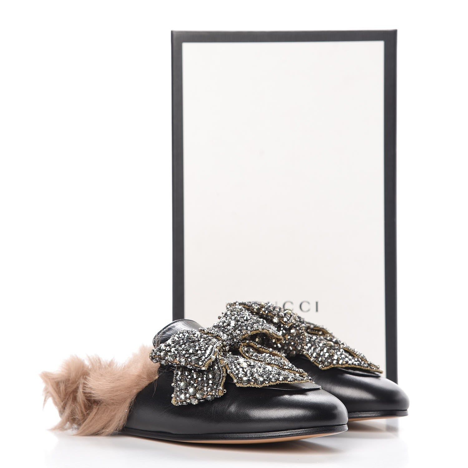 Gucci Malaga Kid Fur Crystal Bow Embroidered Womens Princetown Slippers 37 Black 12 of 12
