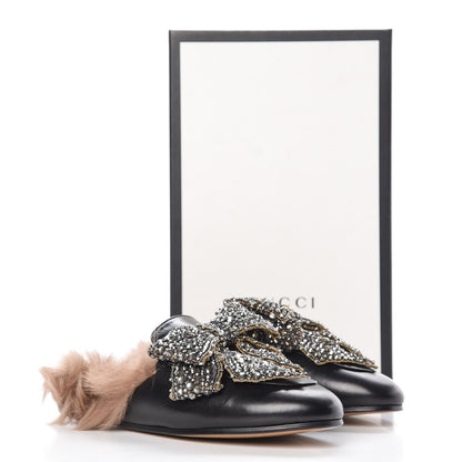 Gucci Malaga Kid Fur Crystal Bow Embroidered Womens Princetown Slippers 37 Black 12 of 12