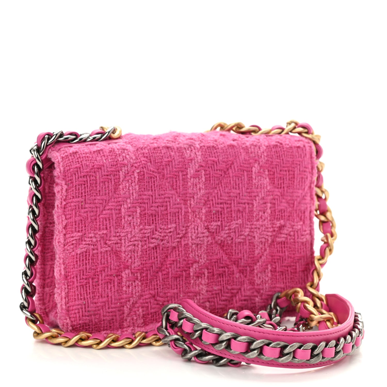 Chanel Wool Tweed Lambskin Quilted Chanel 19 Wallet On Chain WOC and Coin Purse Fuchsia 4 of 14