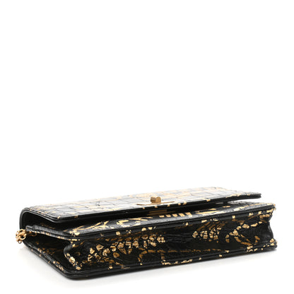 Chanel Calfskin Crocodile Embossed Graffiti 2.55 Cocodile Reissue Wallet On Chain WOC Black Gold 4 of 12