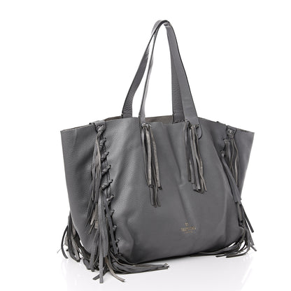 Valentino Garavani Grained Calfskin C-Rockee Fringe Tote Grey 2 of 15