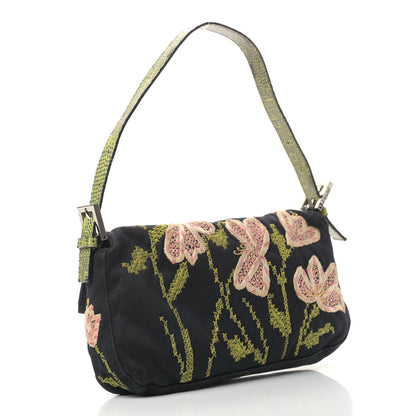 Fendi Canvas Lizard Embroidered Flower Baguette Black Multicolor 3 of 10