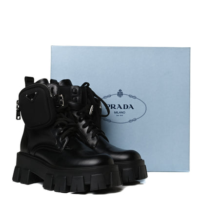 Prada Spazzolato Rois Nylon Metal Triangle Logo Monolith Pouch Pocket 55mm Boots 37.5 Black 15 of 15