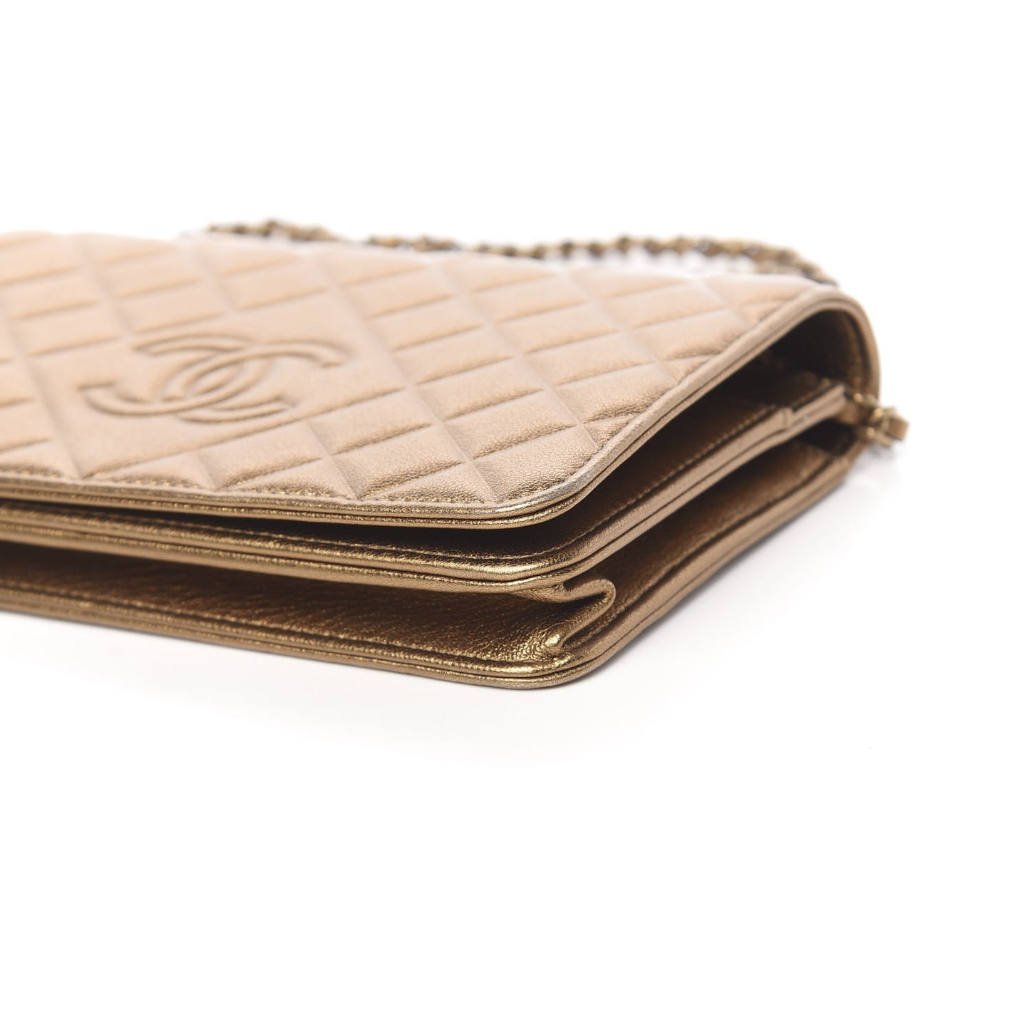 Metallic Goatskin Quilted Diamond CC Wallet On Chain WOC Gold