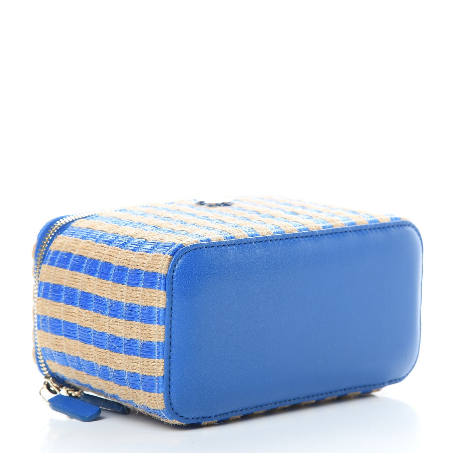 Raffia Jute Striped Small Vanity Case With Chain Blue Beige